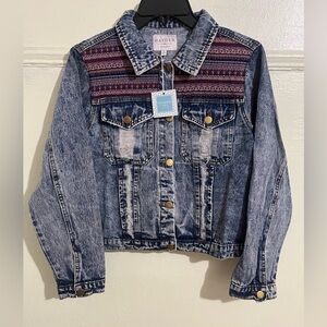 Hayden Blue Denim Jacket with Red Patterned Shoulders